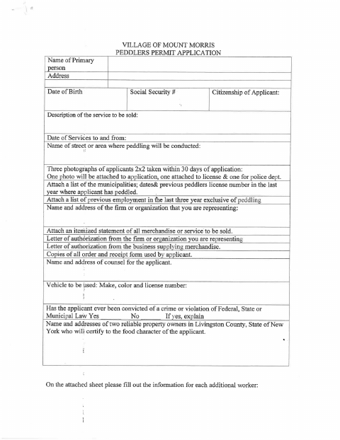 First page of the Peddler's Permit Application