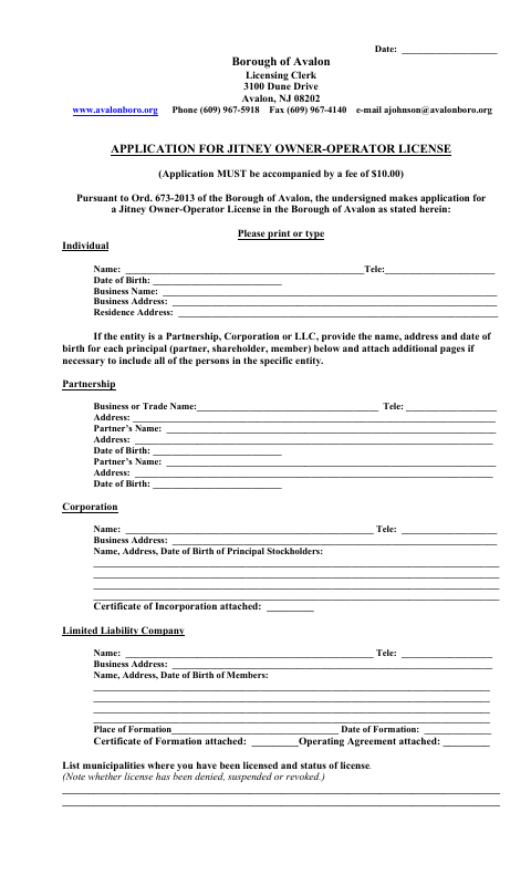 First page of the Application for Jitney Owner-Operator License