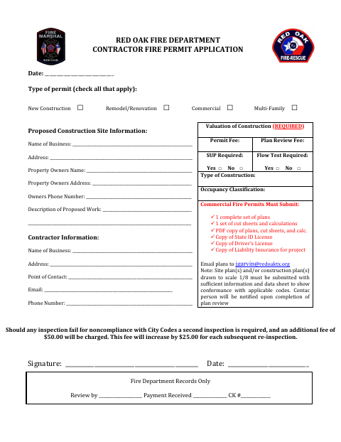 First page of the Contractor Fire Permit Application