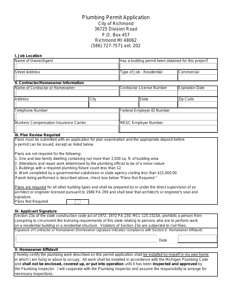 First page of the Plumbing Permit Application