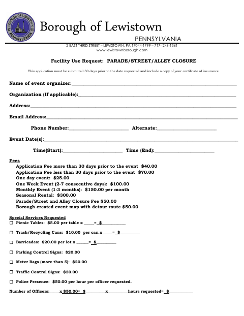 First page of the Facility Use Request: Parade/Street/Alley Closure