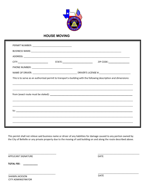 First page of the House Moving Permit Application