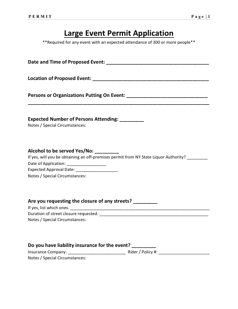 First page of the Large Event Permit Application