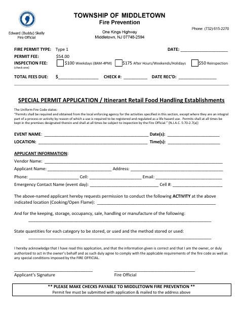First page of the Special Permit Application for Itinerant Retail Food Handling Establishments