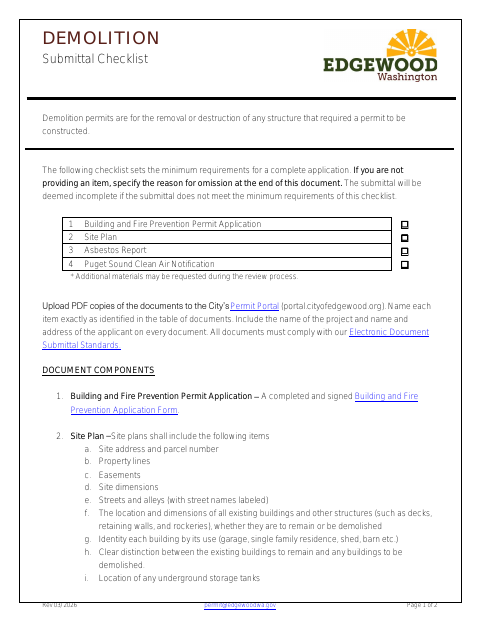 First page of the Demolition Submittal Checklist