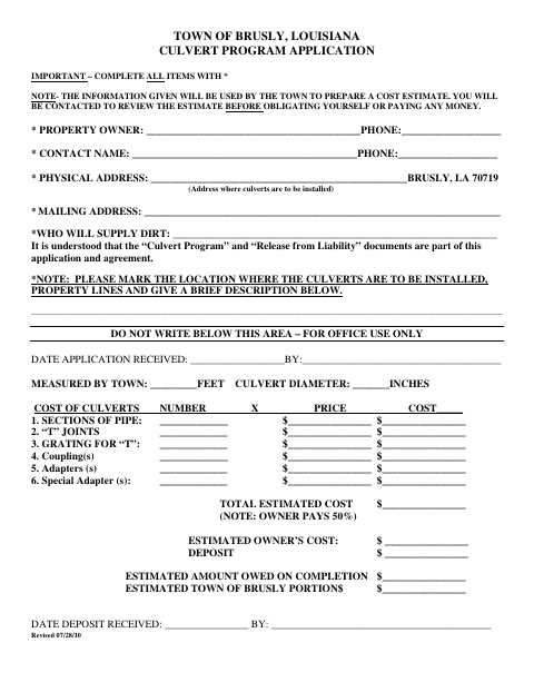 First page of the Culvert Program Application and Release from Liability