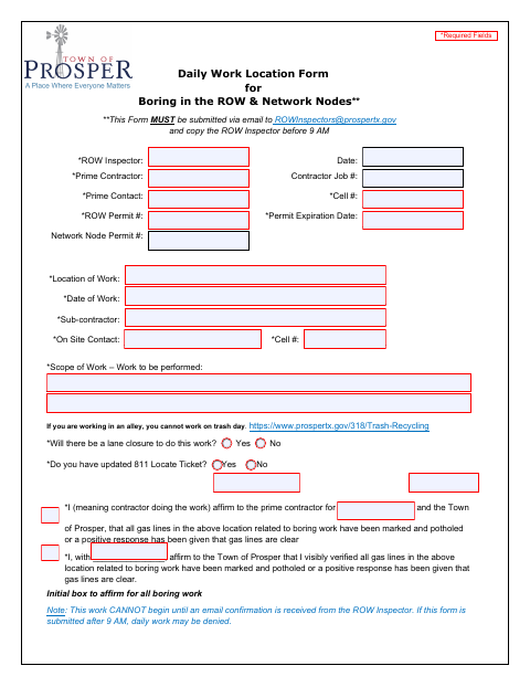 First page of the Daily Work Location Form for Boring in the ROW & Network Nodes