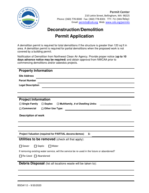 First page of the Deconstruction/Demolition Permit Application