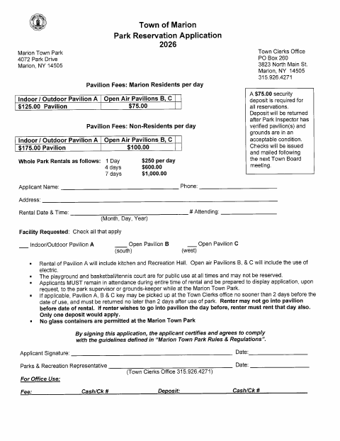 First page of the Town Park Reservation Application