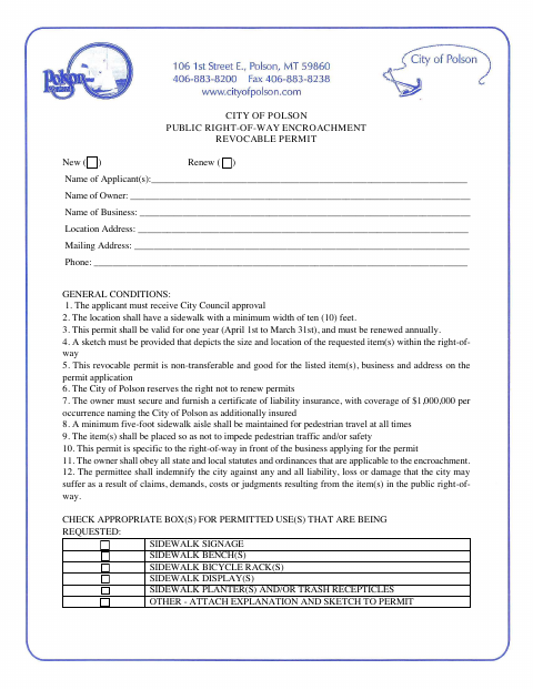 First page of the Right-of-Way Encroachment Permit