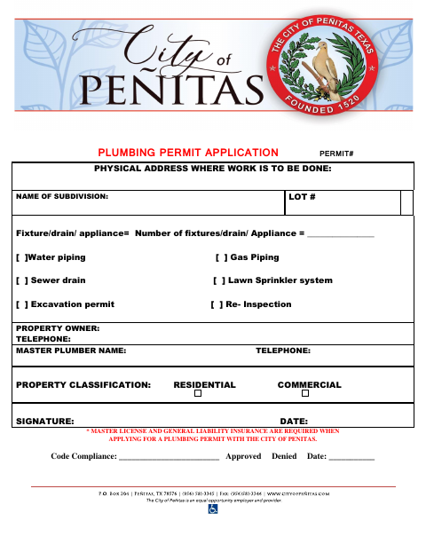 First page of the Plumbing Permit Application