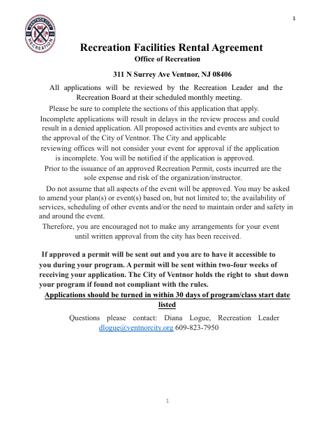 First page of the Recreation Facilities Rental Agreement