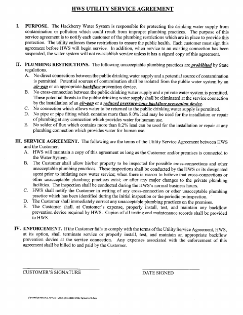 First page of the Rivendale Utility Service Agreement