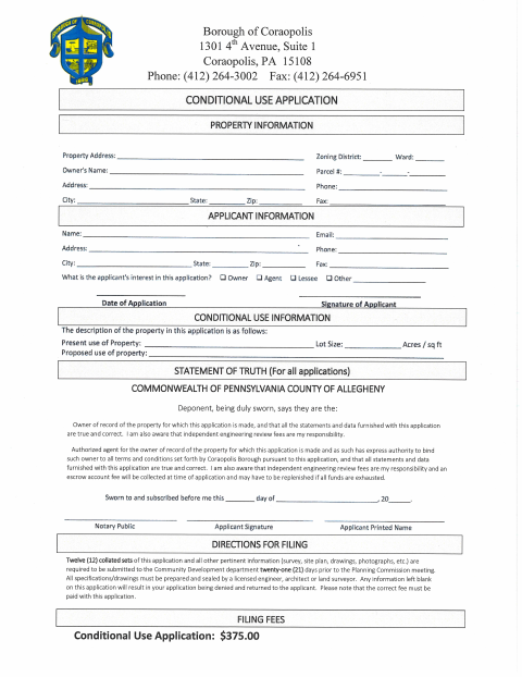 First page of the Conditional Use Application