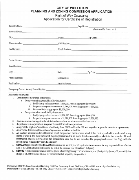 First page of the Right-Of-Way Occupancy Application