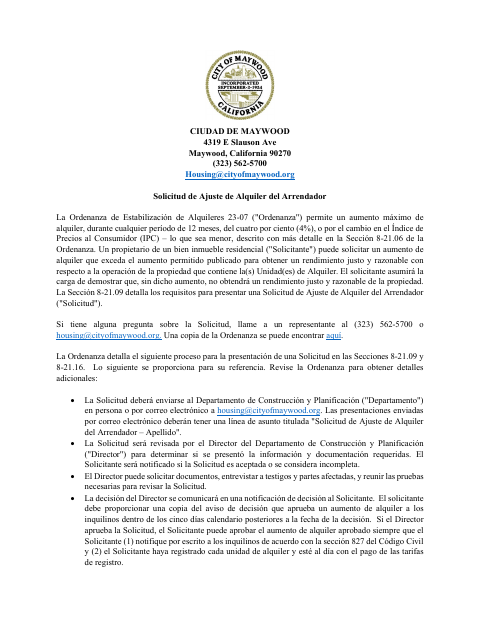 First page of the Landlord Rent Adjustment Application