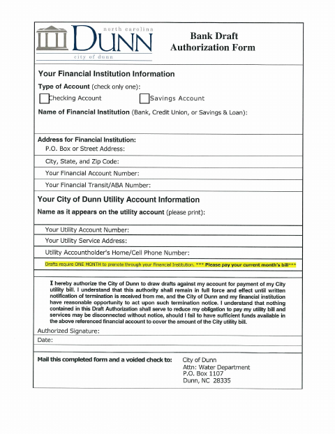 First page of the Bank Draft Authorization Form