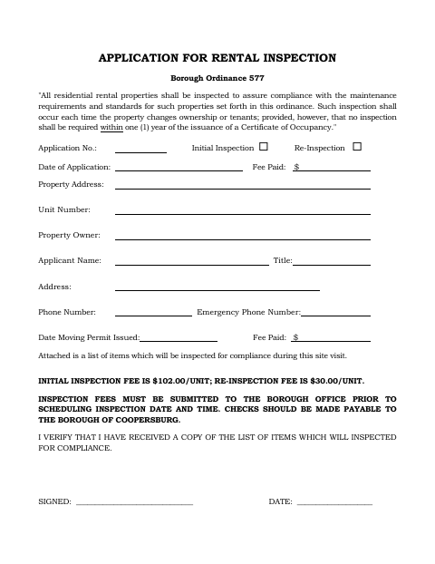 First page of the Application for Rental Inspection