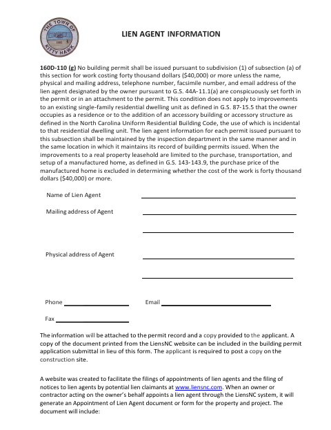 First page of the Lien Agent Information