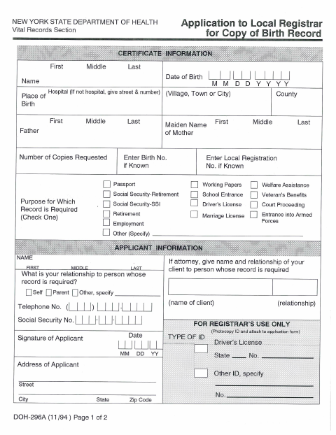First page of the Application for Copy of Birth Record