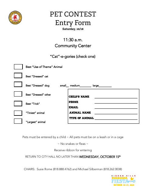 First page of the Pet Contest Entry Form