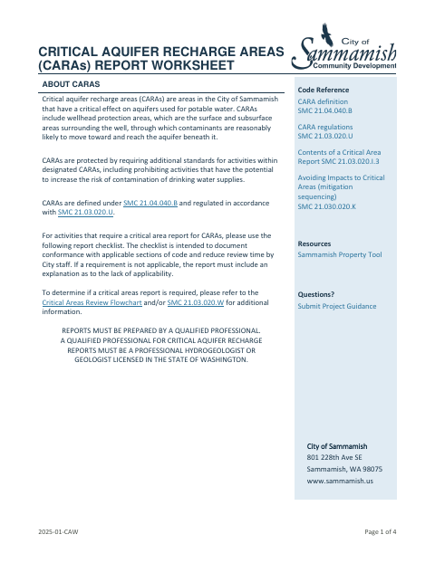 First page of the Critical Aquifer Recharge Areas (CARAs) Report Worksheet