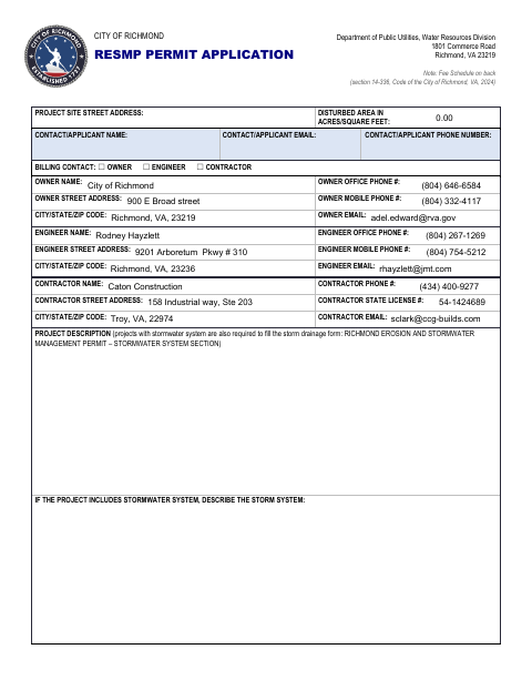 First page of the Erosion and Stormwater Management Permit Application