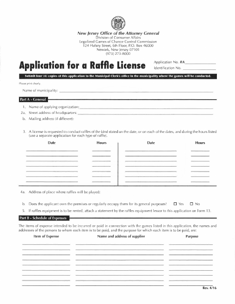First page of the Raffle License Application