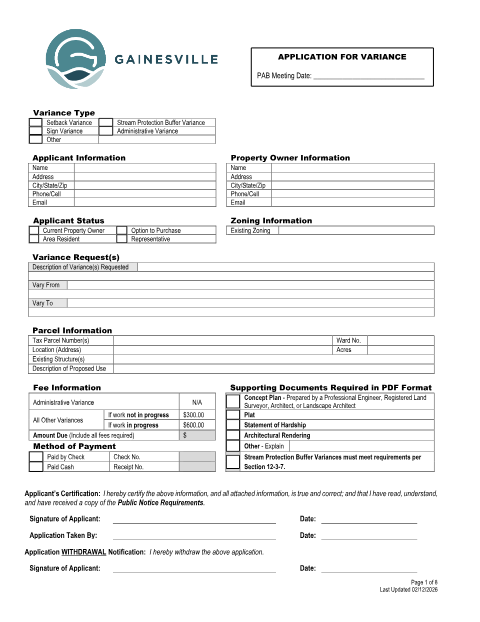 First page of the Variance Application Property Owner Notary Certification