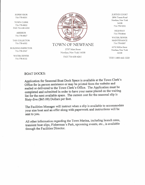 First page of the Application for Seasonal Boat Dock Space