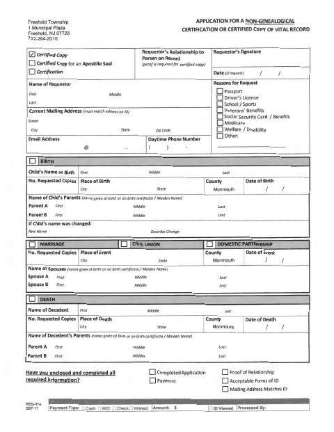 First page of the Application for a Non-Genealogical Certification or Certified Copy of Vital Record