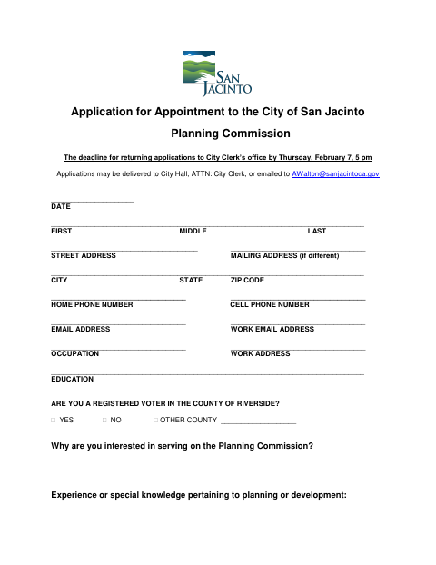 First page of the Application for Appointment to the Planning Commission