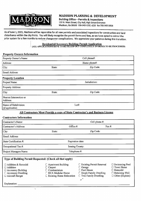 First page of the Residential Building Permit Application