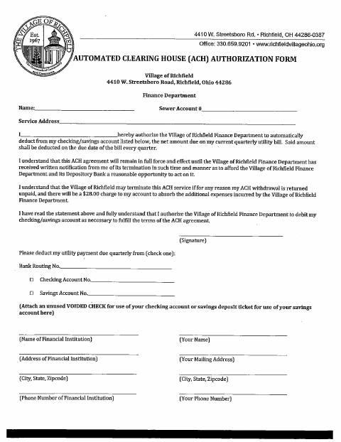 First page of the Automated Clearing House Authorization Form