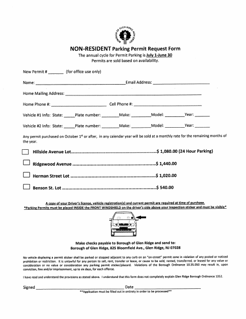 First page of the Non-Resident Parking Permit Request Form