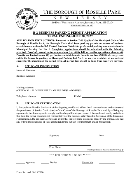 First page of the B-2 Business Parking Permit Application