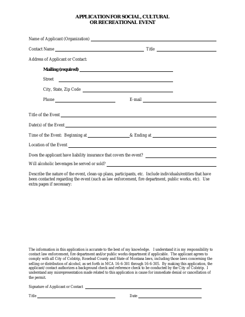 First page of the Application for Social, Cultural or Recreational Event