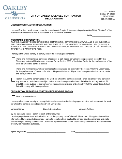 First page of the Licensed Contractors Declaration
