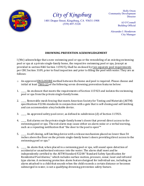 First page of the Drowning Prevention Acknowledgement