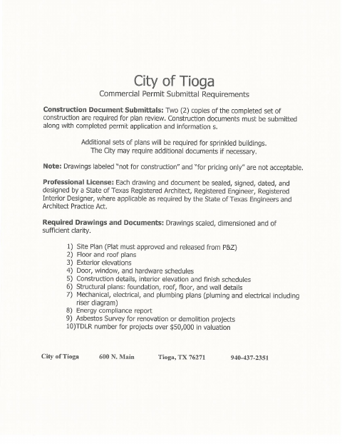 First page of the Commercial Permit Application Package