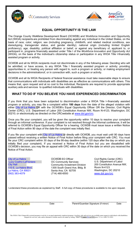 First page of the Equal Opportunity Form