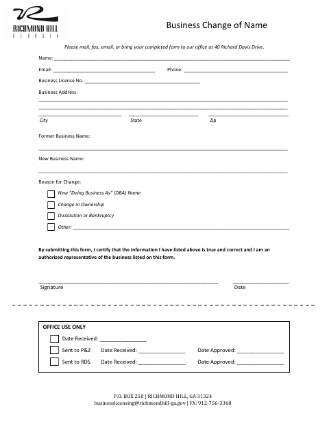 First page of the Business Change of Name