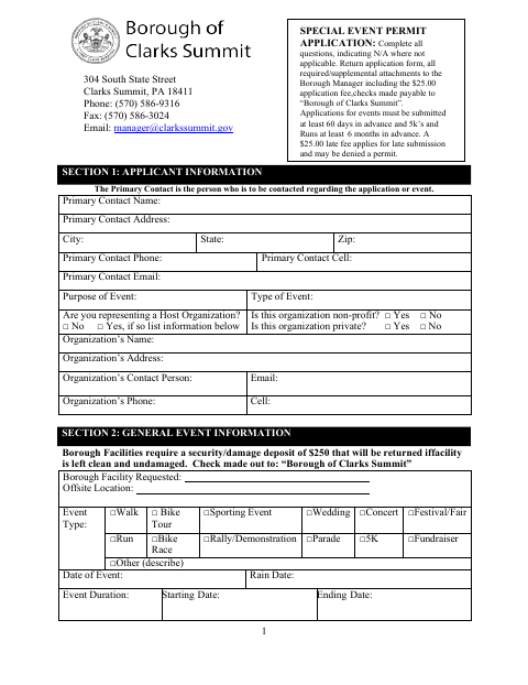First page of the Special Event Permit Application