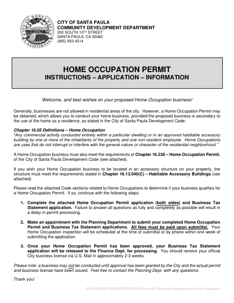 First page of the Home Occupation Permit Application