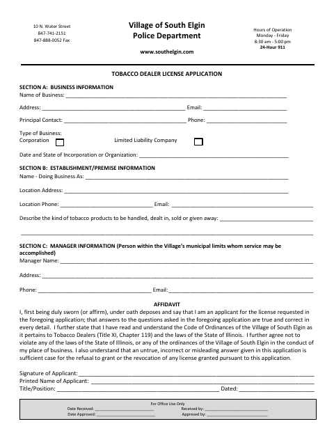 First page of the Tobacco Dealer License Application
