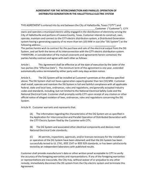 First page of the Distributed Generation Agreement