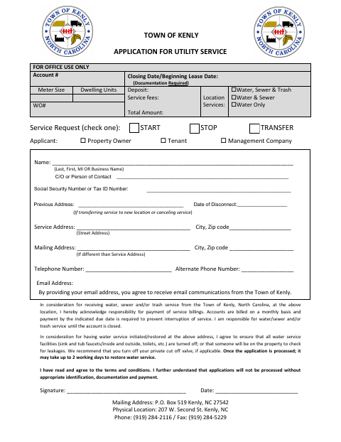 First page of the Application for Utility Service