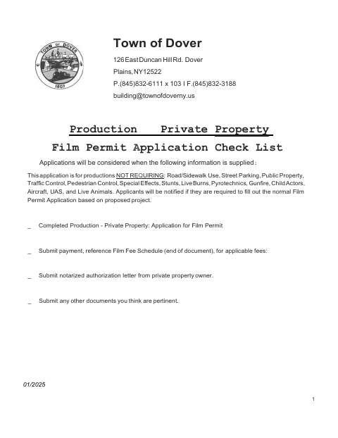 First page of the Private Property Film Permit Application