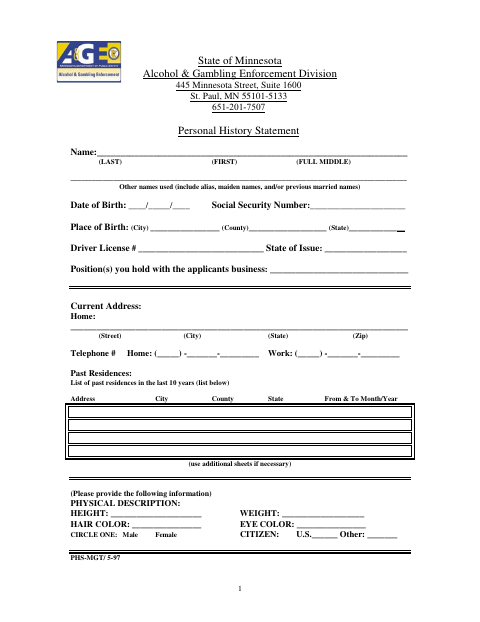 First page of the Liquor License Personal History Statement