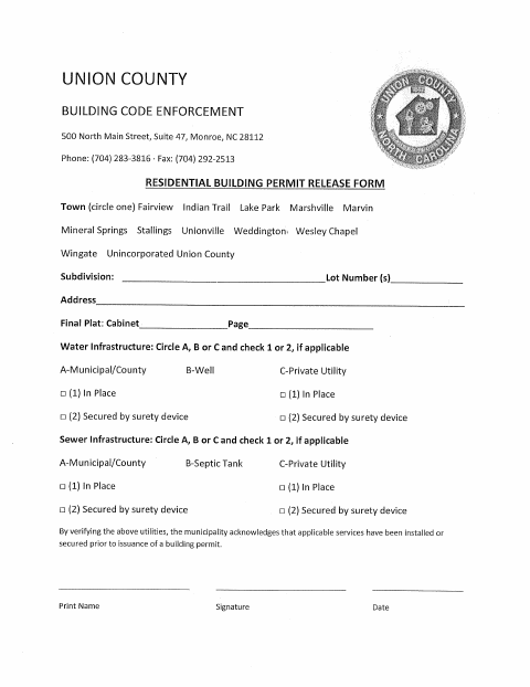 First page of the Residential Building Permit Release Form